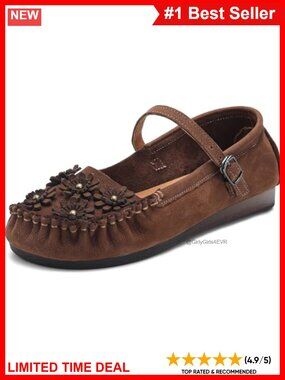 Mary Jane Flats Matte Cowhide Leather Buckle Strap Floral Non-Slip Walking Shoes